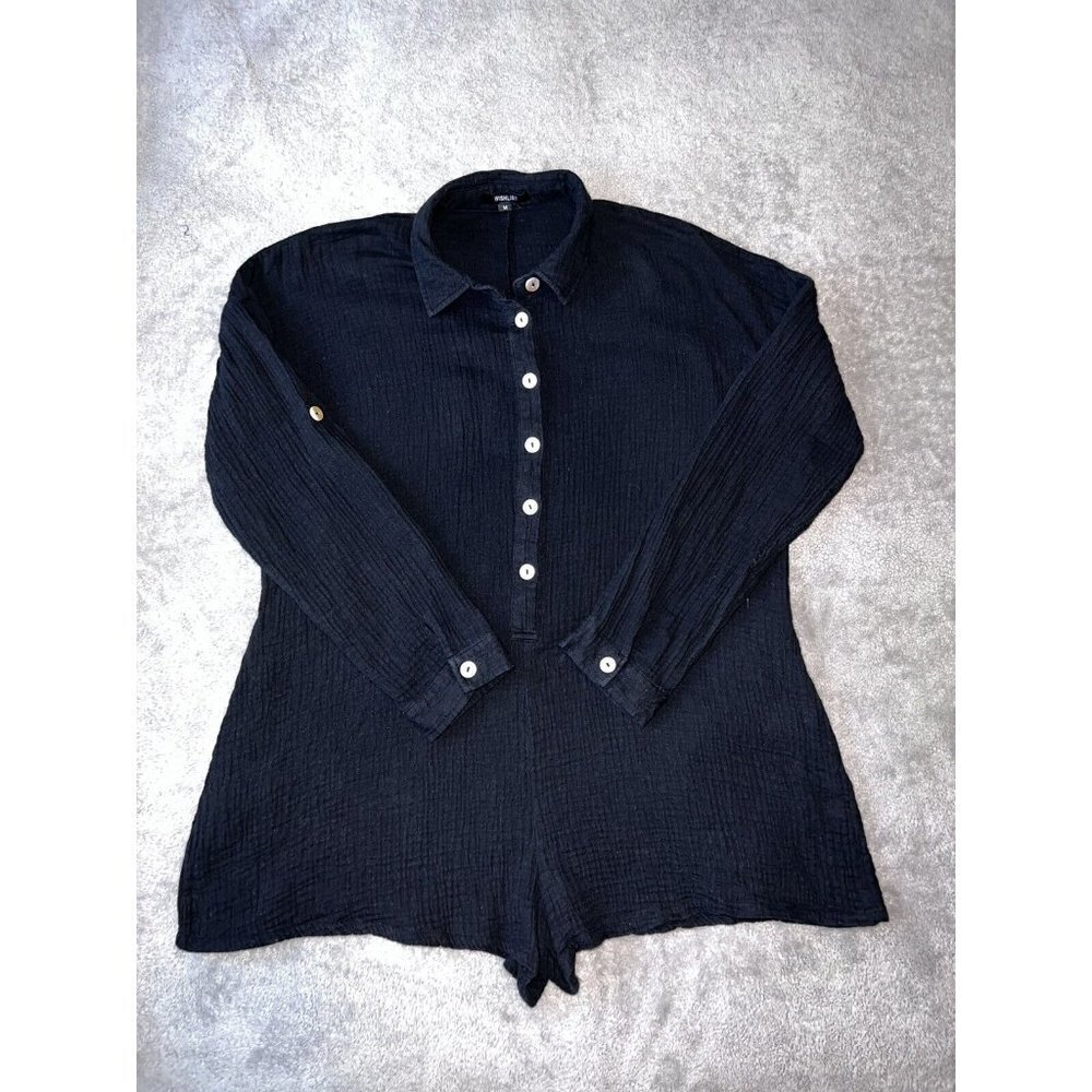 WISHLIST Womens Black 100% Cotton Gauzy Long Sleeve Button Down Collar Romper